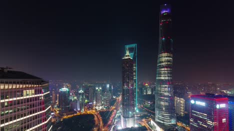China-Nacht-Beleuchtung-Stadtbild-shanghai-downtown-Dach-Top-Panorama-4k-Zeitraffer