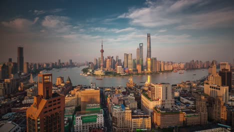 China-Shangai-panorama-puesta-del-sol-paisaje-urbano-superior-Bahía-de-famoso-techo-4k-lapso-de-tiempo