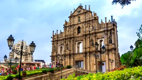 Ruinen-der-St.-Pauls-Kathedrale-Wahrzeichen-Reise-Platz-von-Macau-4K-Zeitraffer