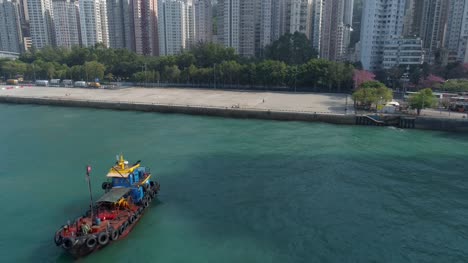 China-Hong-Kong-City-Bucht-Sonnentag-Victoria-Hafen-Boot-Fahrt-Antenne-Panorama-4k