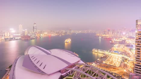 China-Sonnenuntergang-Himmel-Hong-Kong-Stadt-Oper-auf-dem-Dach-Bucht-berühmten-Panorama-4k-Zeitraffer
