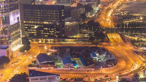 China-Nacht-Hong-Kong-Verkehr-Straße-Kreis-Dach-führenden-Bauunternehmen-Panorama-4k-Zeitraffer