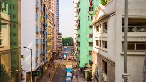 China-Hong-Kong-City-sonnigen-Tag-Leben-Block-Verkehr-Straße-auf-dem-Dach-Panorama-4k-Zeitraffer