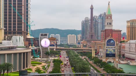 China-día-luz-famoso-macau-casino-tráfico-calle-panorama-4k-lapso-de-tiempo