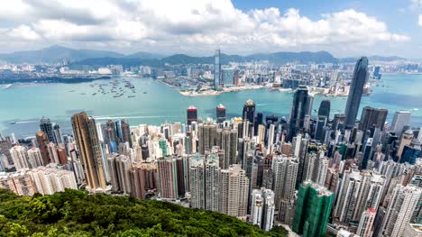 Timelapse-de-Hong-Kong-vista-desde-la-cima-de-la-montaña,-vista-aérea,-vista-del-hito,