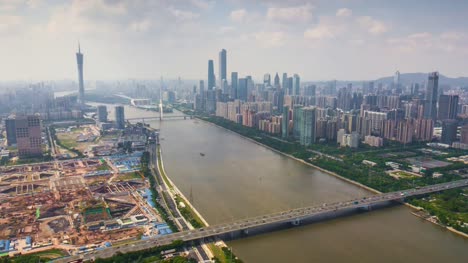 China-Sommer-Tag-Guangzhou-Stadtbild-Perle-am-Fluss-Antenne-Innenstadt-Panorama-4k-Zeitraffer