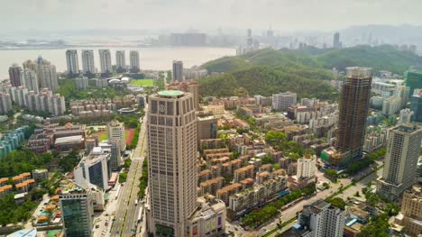 China-día-soleado-zhuhai-paisaje-urbano-centro-aéreo-panorama-4k-lapso-de-tiempo