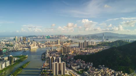 China-Sonnenuntergang-sonnigen-Tag-Zeit-Zhuhai-Stadtbild-Macau-Bucht-Luftbild-Panorama-4k-Zeitraffer