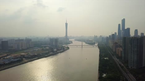 China-tarde-tiempo-guangzhou-paisaje-urbano-río-Perla-centro-aéreo-panorama-4k