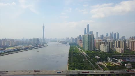 día-tiempo-guangzhou-ciudad-río-Perla-parte-centro-panorama-aéreo-4k-china