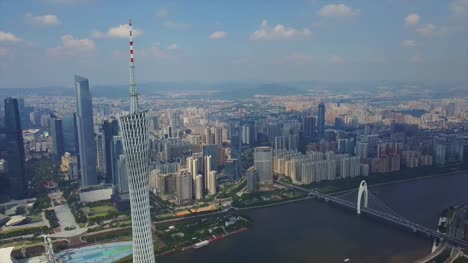 sonnigen-Tag-Guangzhou-Liede-überbrücken-Perlfluss-Kanton-Turm-oben-aerial-Panorama-4k-china