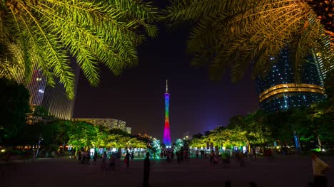 Nacht-Guangzhou-Kanton-Tower-Park-quadratisch-Panorama-4k-Zeitraffer-china