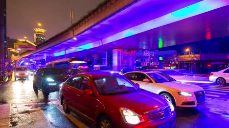 Nacht-Verkehr-Straße-Straße-Kreuzung-Panorama-4k-Zeitraffer-China-shanghai