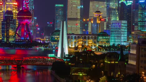 Nacht-shanghai-Pudong-downtown-Brücke-auf-dem-Dach-Verkehr-Fluss-4k-Zeitraffer-China