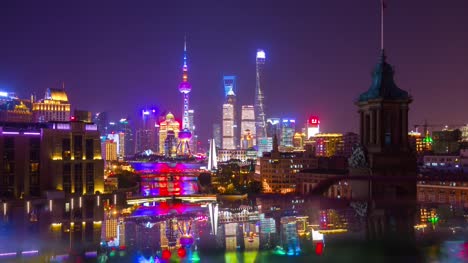 Nacht-shanghai-Stadt-Zentrum-von-Pudong-auf-der-Dachterrasse-Reflexion-4k-Zeitraffer-China