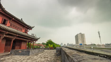 wuhan-city-day-time-famous-fort-temple-qiyimen-traffic-road-panorama-4k-time-lapse-china