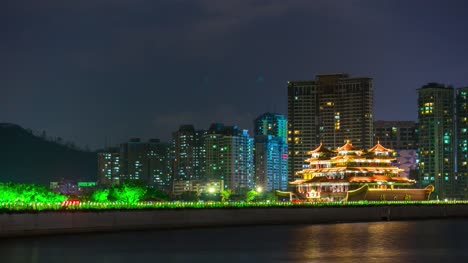 Abend-Zeit-Beleuchtung-Zhuhai-Stadt-berühmten-Bay-Restaurant-Panorama-4-k-Zeit-hinfällig,-china