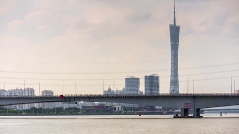 sonnigen-Tag-Guangzhou-Stadt-Kanton-Turm-Fluss-Bucht-Brücke-Panorama-4-k-Zeit-hinfällig,-china