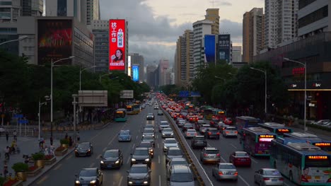 Crepúsculo-ciudad-de-shenzhen-tráfico-céntrico-puente-calle-panorama-4k-china