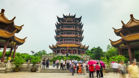sunny-day-wuhan-city-famous-yellow-crane-main-temple-crowded-front-panorama-4k-time-lapse-china