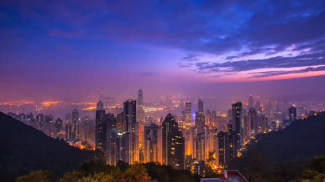 4K-Zeit-verfallen-Ansicht-Sonnenaufgang-des-Victoria-Harbour,-Hongkong