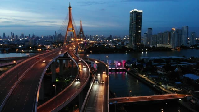 Puente-de-Bhumibol-y-río-aves-ojo-vista-paisaje-en-Bangkok-Tailandia