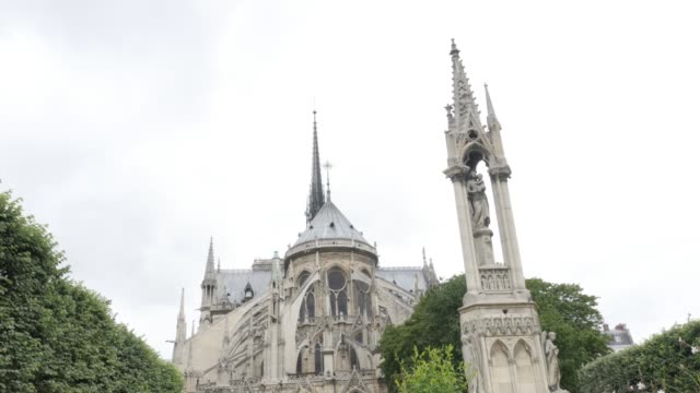 Back-side-of-Notre-Dame-Cathedral-located-in-French-capital-Paris-slow-tilt