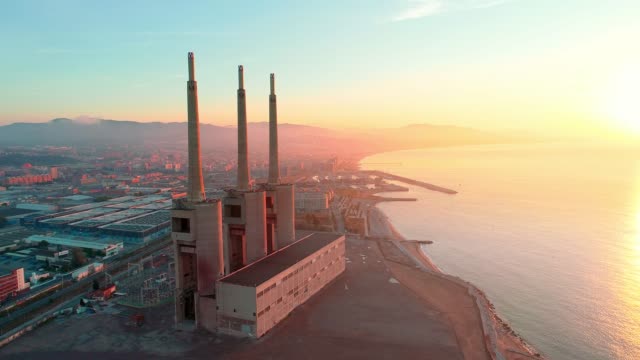Sunrise-aerial-view-of-Besos-thermic-power-plant