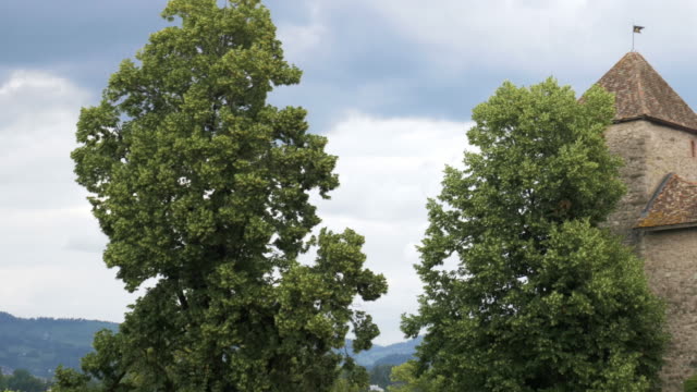 Bewölkter-Himmel-über-Bäume-und-Schloss-Rapperswil-in-der-Schweiz