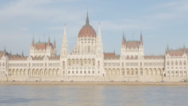 Famous-Parliament-building-in-Hungary-located-in-Budapest-by-the-day-4K-2160p-UltraHD-footage---River-Danube-and-parliament-building-in-Budapest-scene-4K