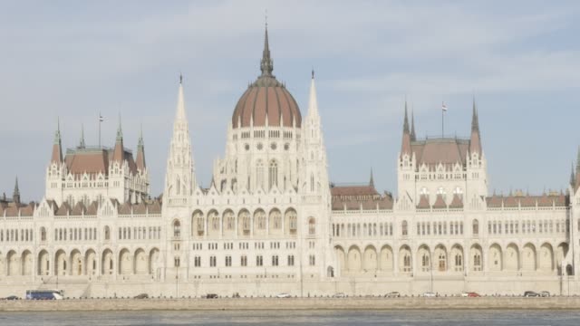 Hungarian-parliament-building-located-on-river-Danube--and-city-of-Budapest-by-the-day-4K