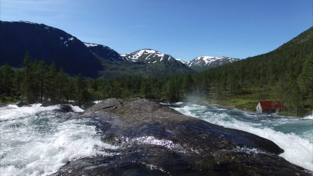 Flug-unter-der-Brücke-über-den-Wasserfall-in-Norwegen
