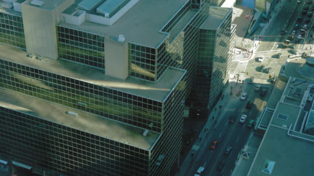 Elevated-view-of-modern-glass-building,-Toronto,-Ontario,-Canada