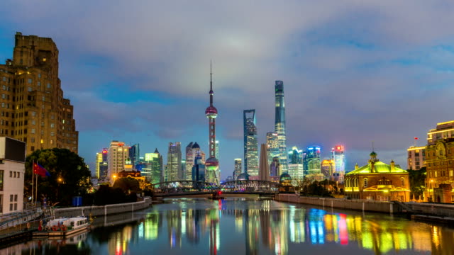 Time-lapse-of-Shanghai-bund-Garden-bridge-at-skyline