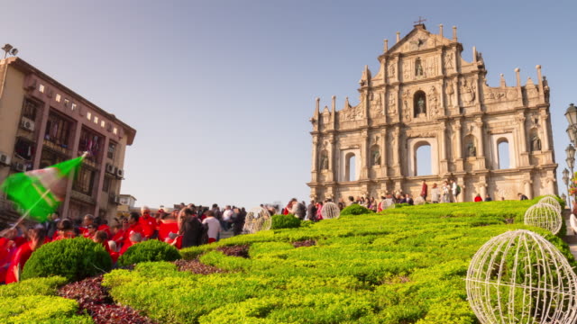 China-Sonnentag-berühmten-Macau-Ruinen-von-St.-Paul-voll-Panorama-4k-Zeitraffer