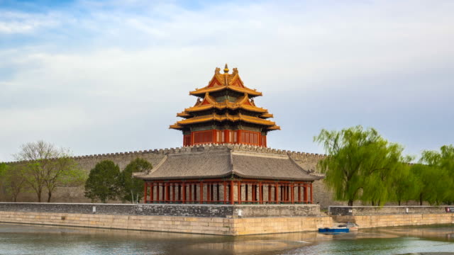 Guard-Tower-in-the-Forbidden-City-in-Beijing,-China-video-time-lapse