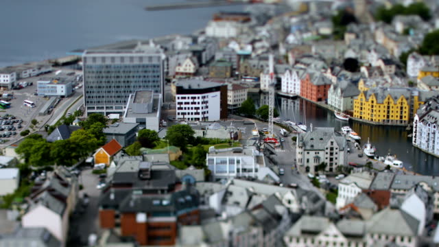 Aksla-at-the-city-of-Alesund-tilt-shift-lens,-Norway