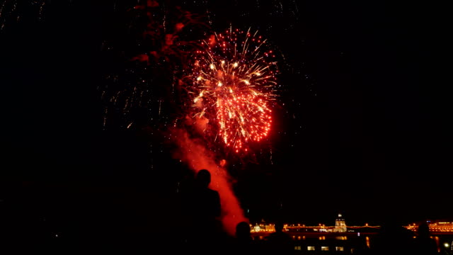Eine-Menge-Leute-bunten-Feuerwerk-zu-sehen-und-zu-feiern.