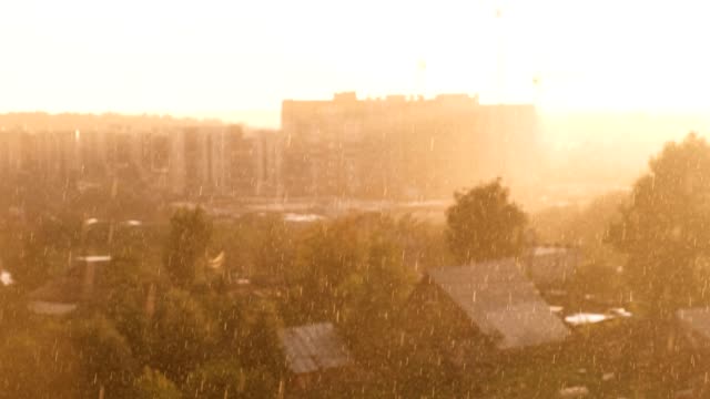 Heavy-rain-with-sun.-Beautiful-view-of-the-city.