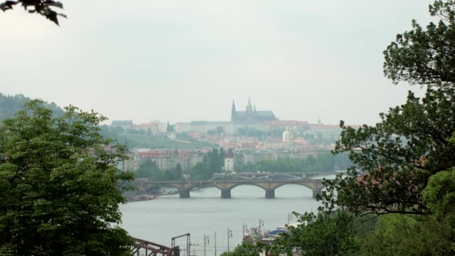 hermosa-vista-de-la-ciudad-de-Praga,-el-Moldava-y-puentes,-ramas-de-árboles-están-en-lados