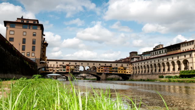Florence-in-Italy.-Ponte-Vecchio-on-a-sunny-day.-The-famous-medieval-bridge-over-the-Arno-river,-in-Florence,-Italy.-Timelapse-4K-UHD-Video.-Nikon-D300