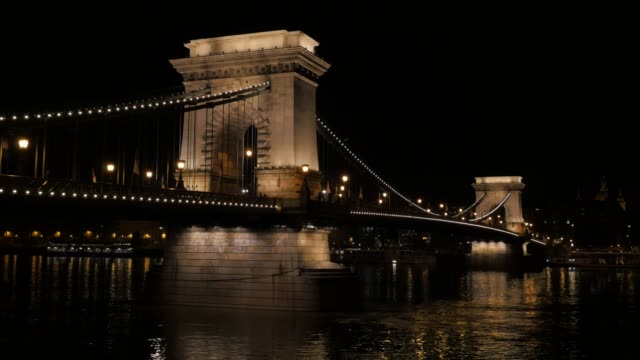 Famoso-puente-de-las-cadenas-Szechenyi-sobre-río-Danubio-Budapest-de-noche-4K