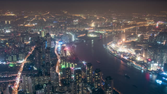 Shanghai-Stadt-bei-Nacht,-4-k,-Zeitraffer