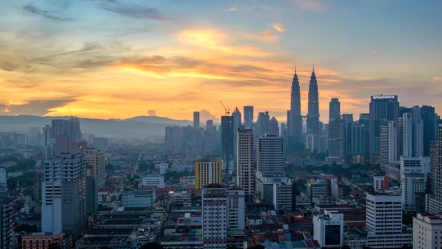 Kuala-Lumpur-city-skyline-sunrise-timelapse,-Malaysia,-4K-Time-lapse