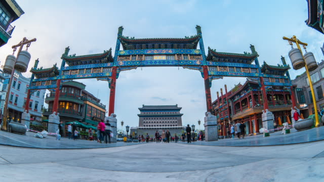 Beijing-city-Qianmen-Street-day-to-night-timelapse-in-China,-Time-Lapse