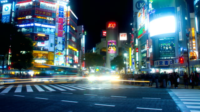 Nacht-Zeitraffer-4K-in-Shibuya-Kreuzung-slow-Shutter-weit-erschossen