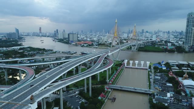 Puente-de-Bhumibol-y-río-aves-ojo-vista-paisaje-en-Bangkok-Tailandia