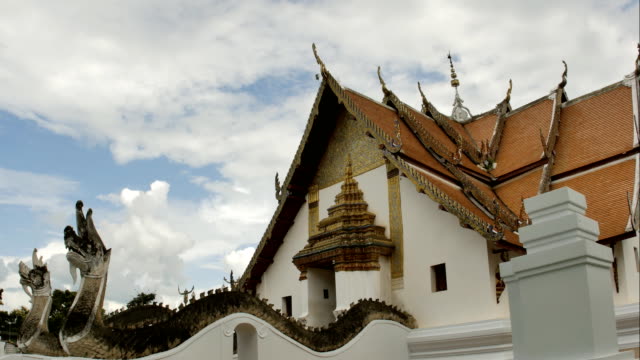 Time-Lapse-of-White-fluffy-clouds-in-the-blue-sky-and-Buddhist-temple-of-Wat-Phumin-in-Nan,-Thailand-background.
