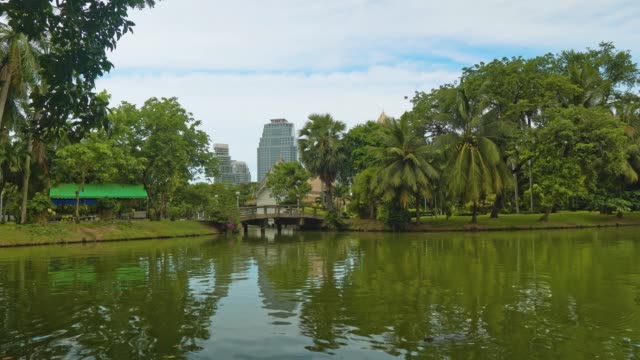 Brücke-über-einem-See-in-einem-Park-mit-Blick-auf-die-metropolitan-Geschäftsviertel