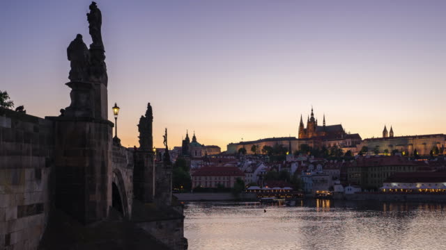 Timelapse-of-Prague-city-in-Czech-Republic-day-to-night-time-lapse-4K